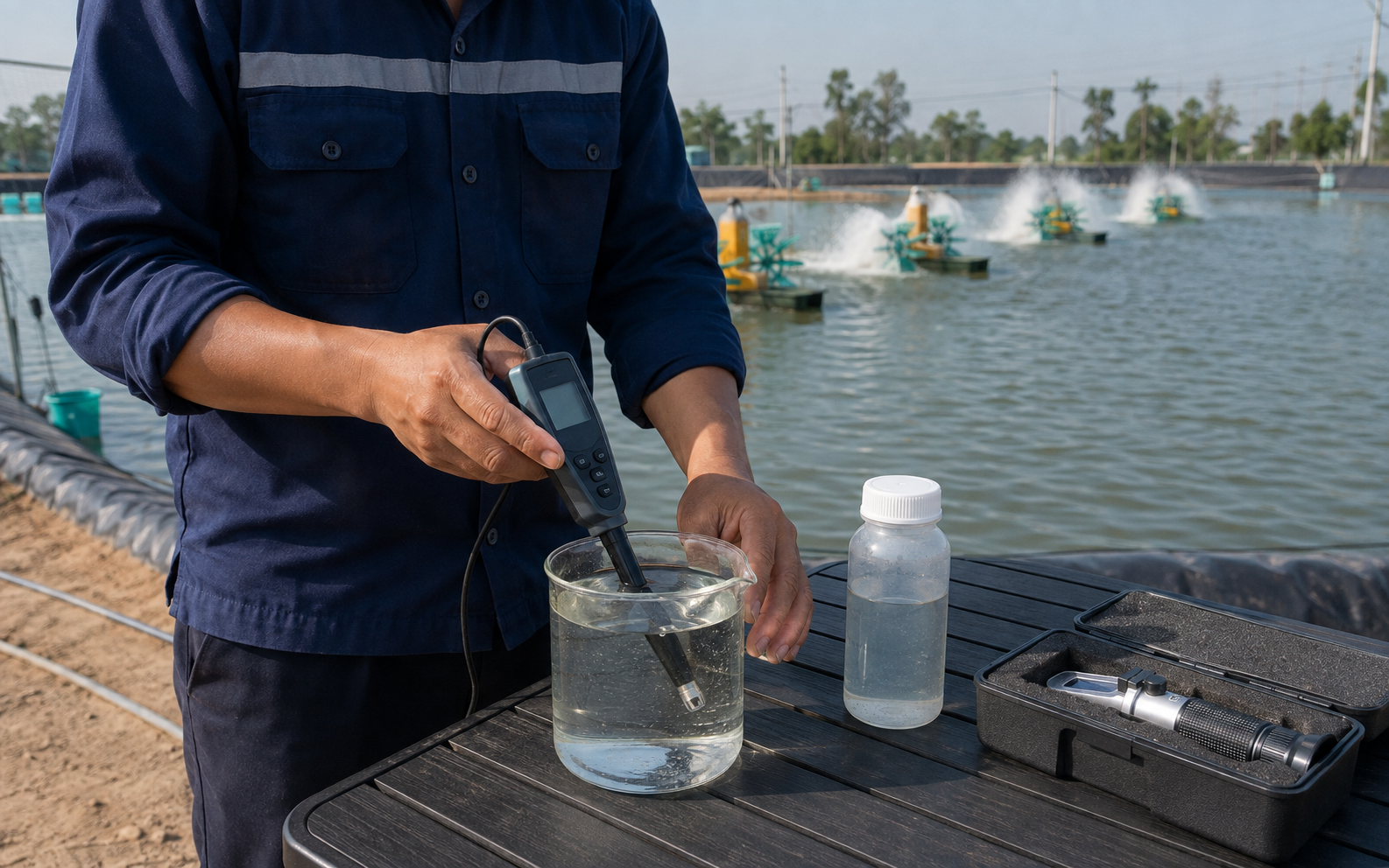 Aquaculture refractometer used to check salinity in shrimp pond water